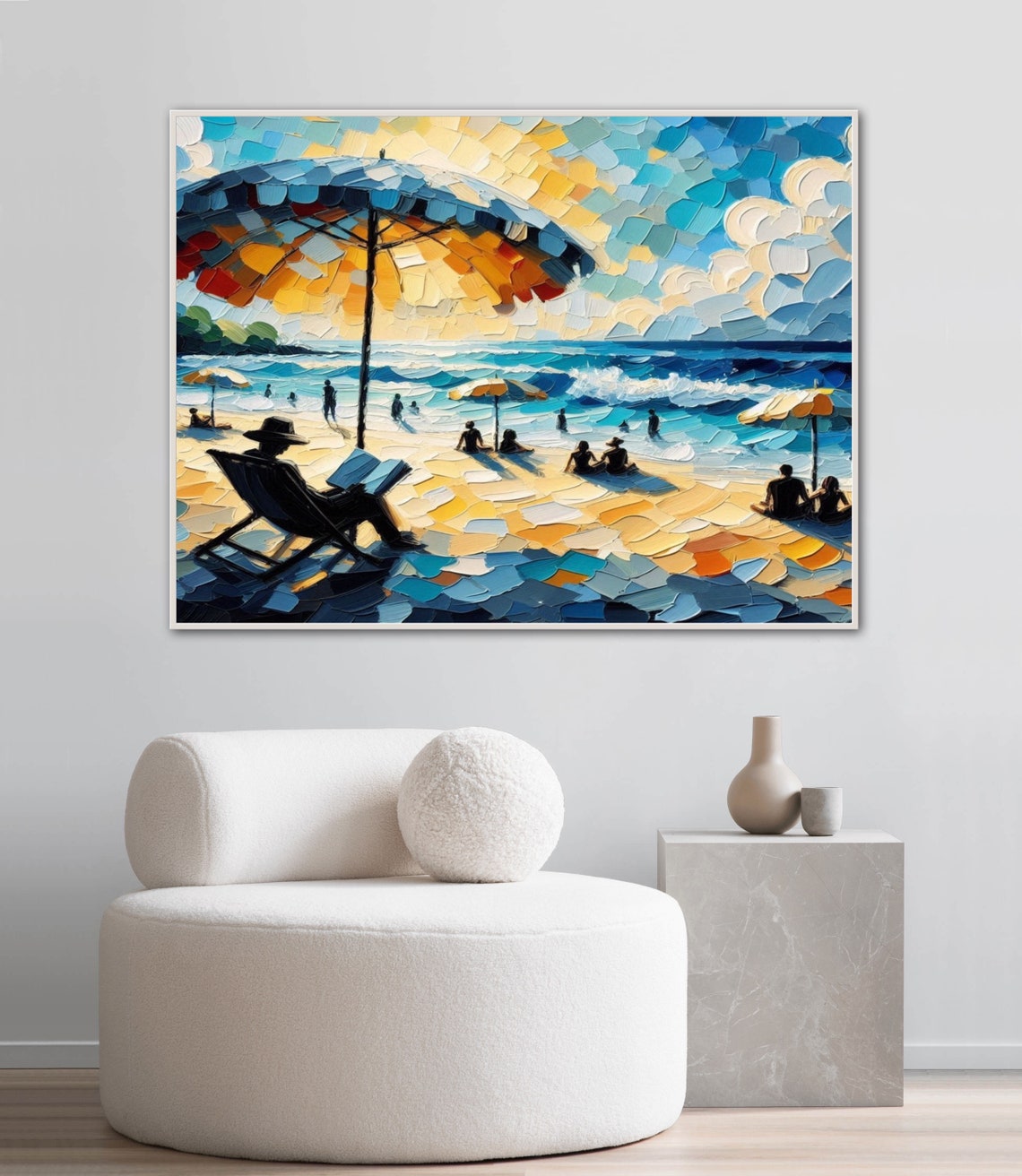 Sunlit Beach Umbrella Crowd Impasto Panoramic Coastal Art Poster - Image 2