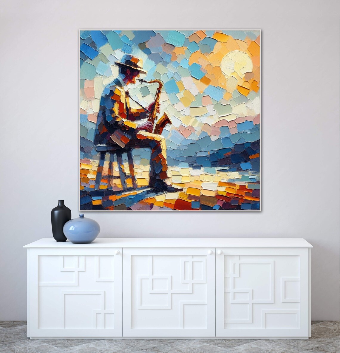 Saxophonist Playing Jazz at Sunset Impasto Mosaic Style Poster - Image 3