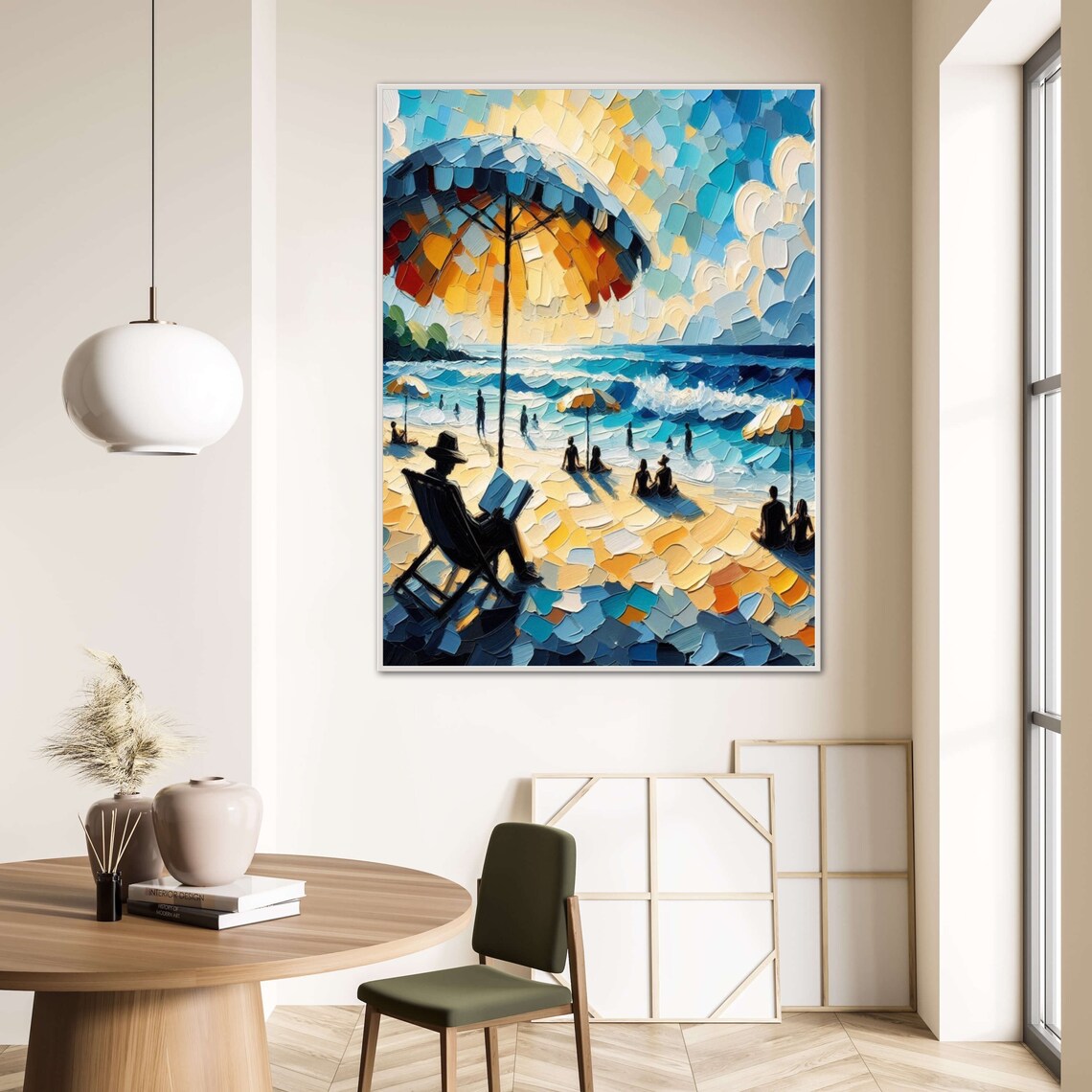 Beach Umbrella and Reader Impasto Colorful Coastal Art Poster - Image 4