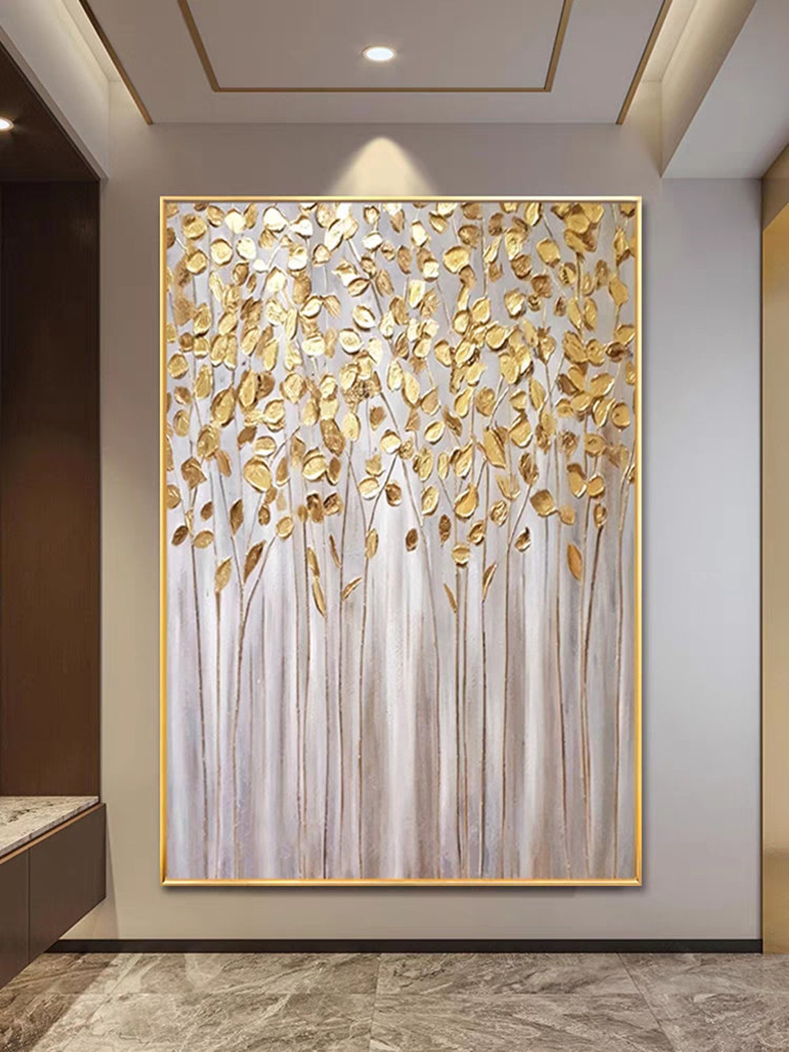 Golden Leaf Trees With White Stems Vertical Foil Effect Artwork Poster - Image 2