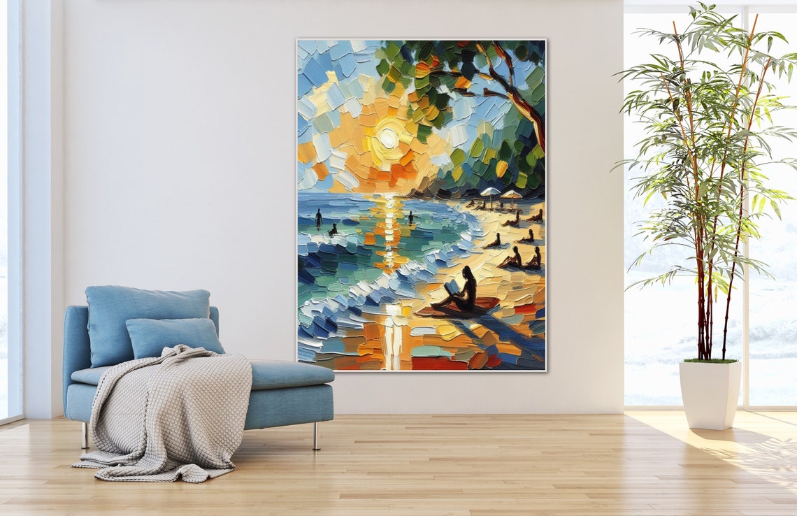 Sunset Beach With Reading Silhouette Impasto Coastal Art Poster - Image 2