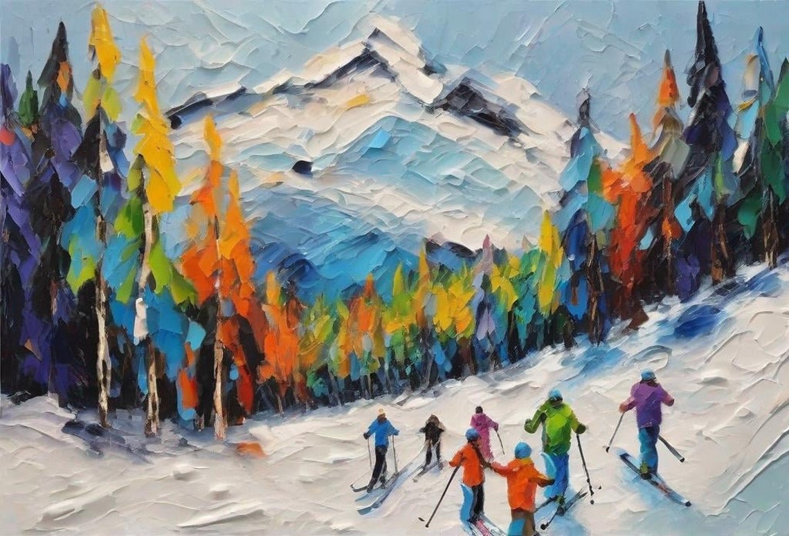 Group Skiing Down A Snowy Mountain Painting Original Winter Skiing Artwork Custom Snowy Painting 3d Thick Textured Personalized Art Gift - Image 4