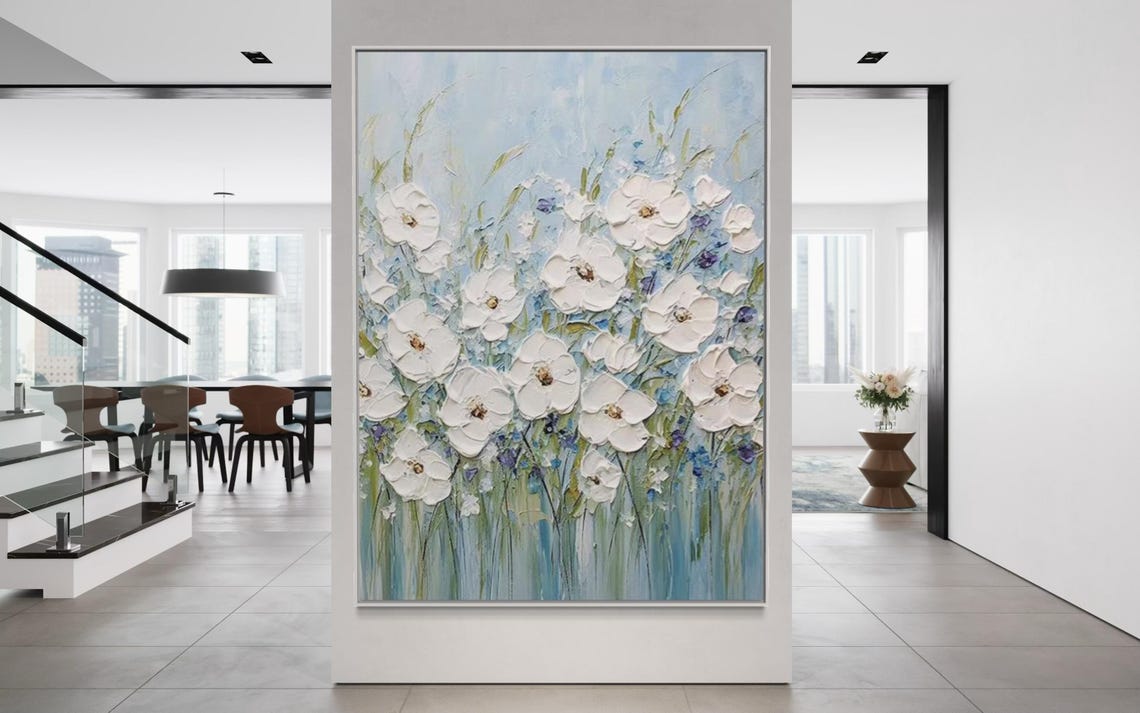 White Wildflowers in Blue Spring Meadow Floral Texture Poster - Image 4