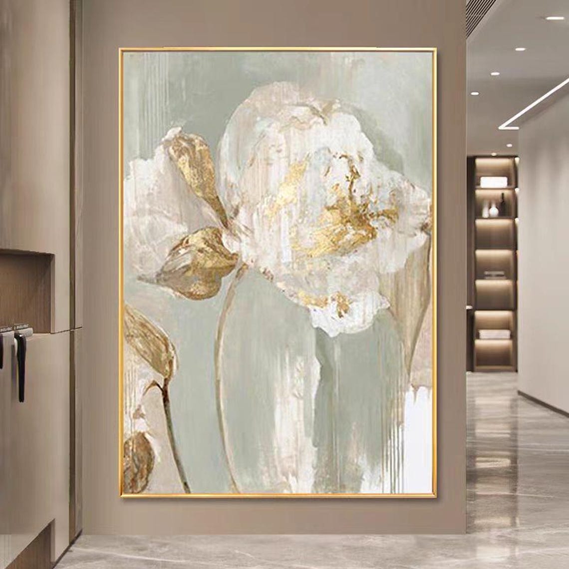 White Peony Gold Accents Sage Green Abstract Floral Vertical Poster - Image 4