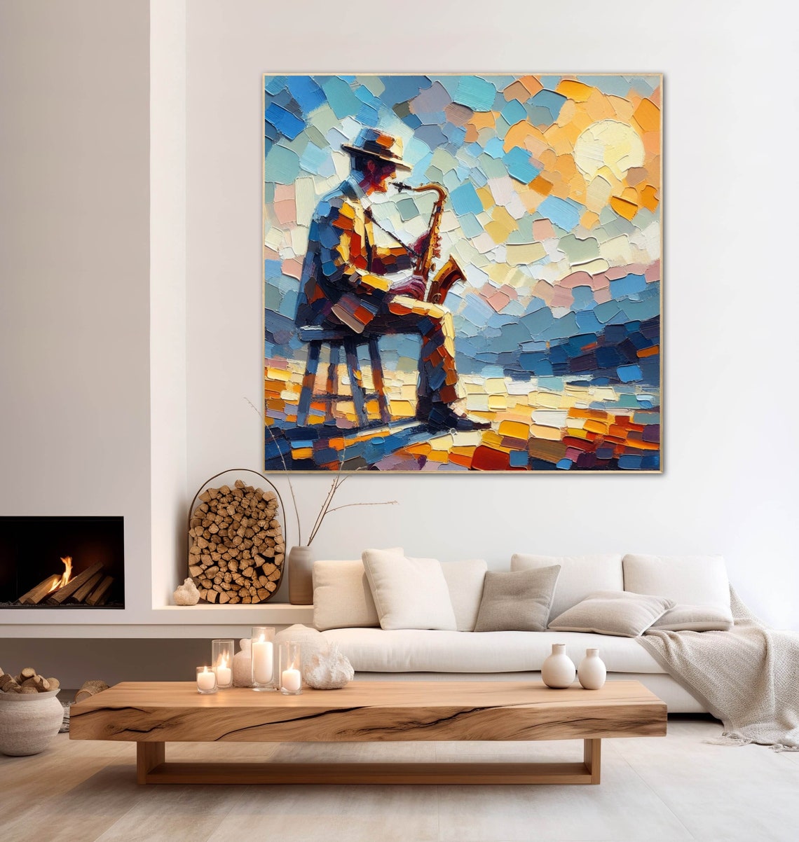 Saxophonist Playing Jazz at Sunset Impasto Mosaic Style Poster - Image 2