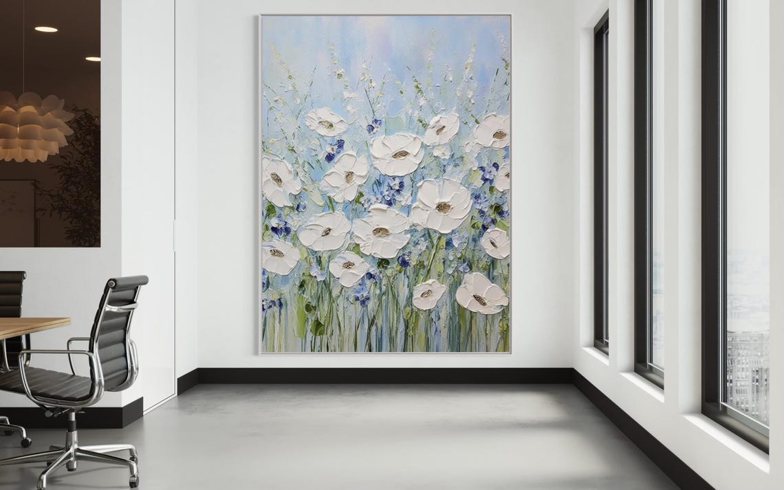 Tall White Flowers with Blue Wildflowers on a Sky Blue Art Poster - Image 3