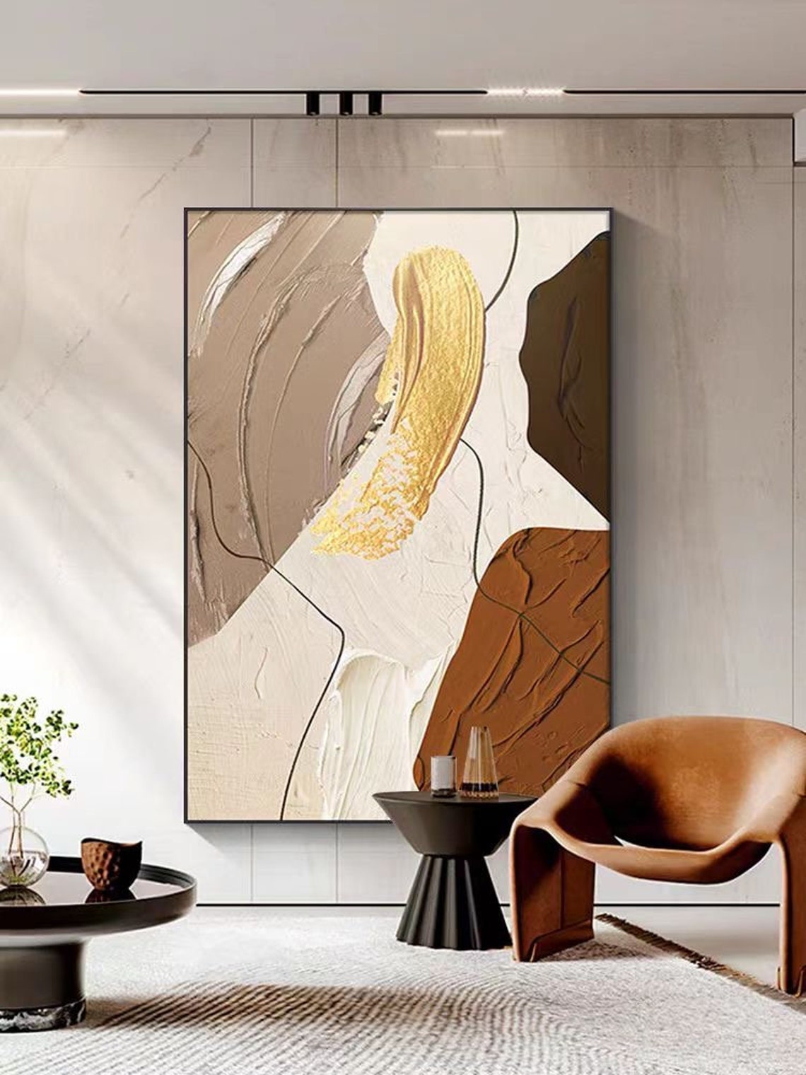 Beige Brown Gold Brushstroke Minimalist Abstract Oil Painting Poster - Image 3