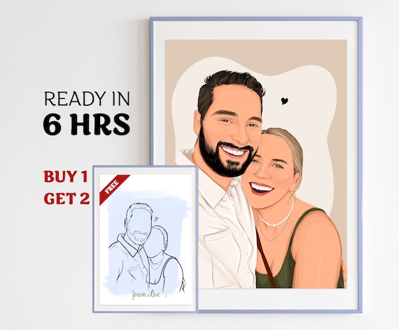 Custom Minimalist Line Portrait Art Print, Engagement Photo