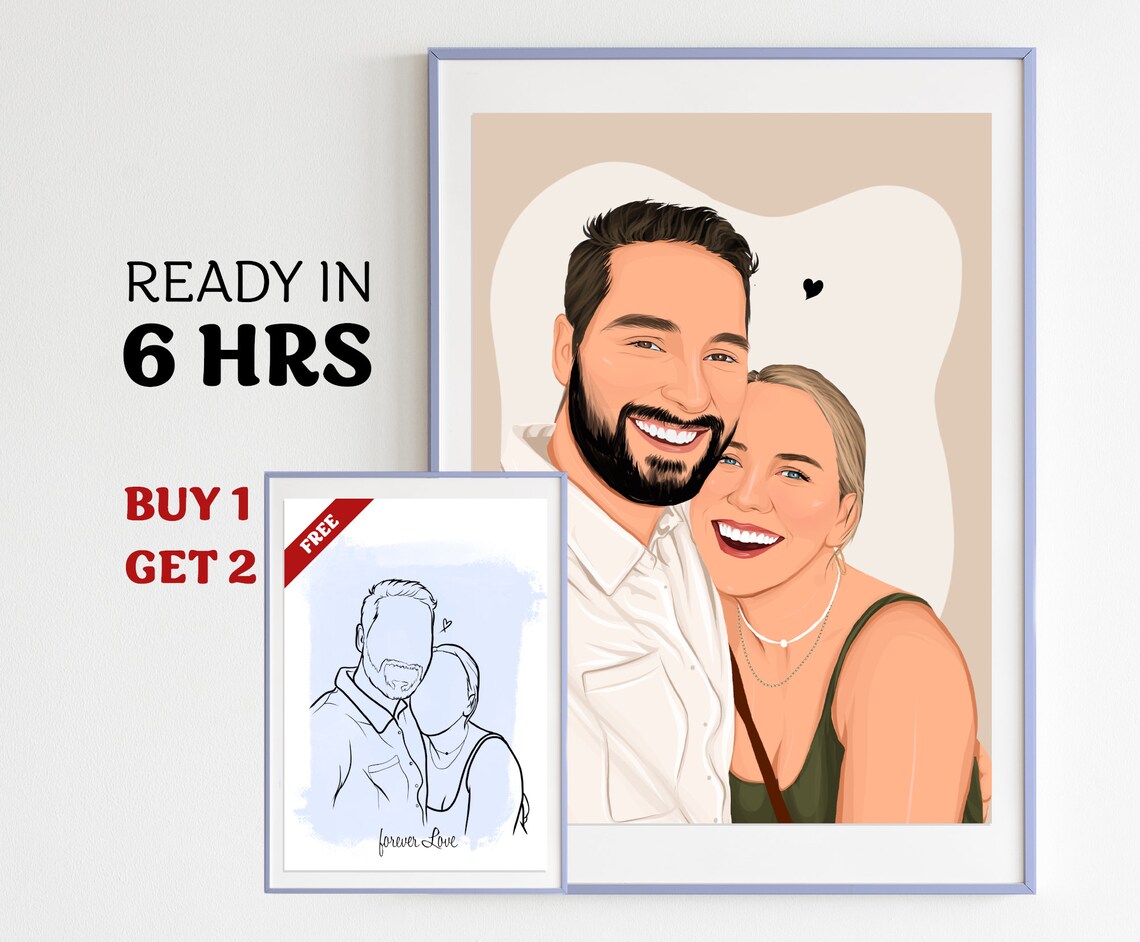 Custom Minimalist Line Portrait Art Print, Engagement Photo