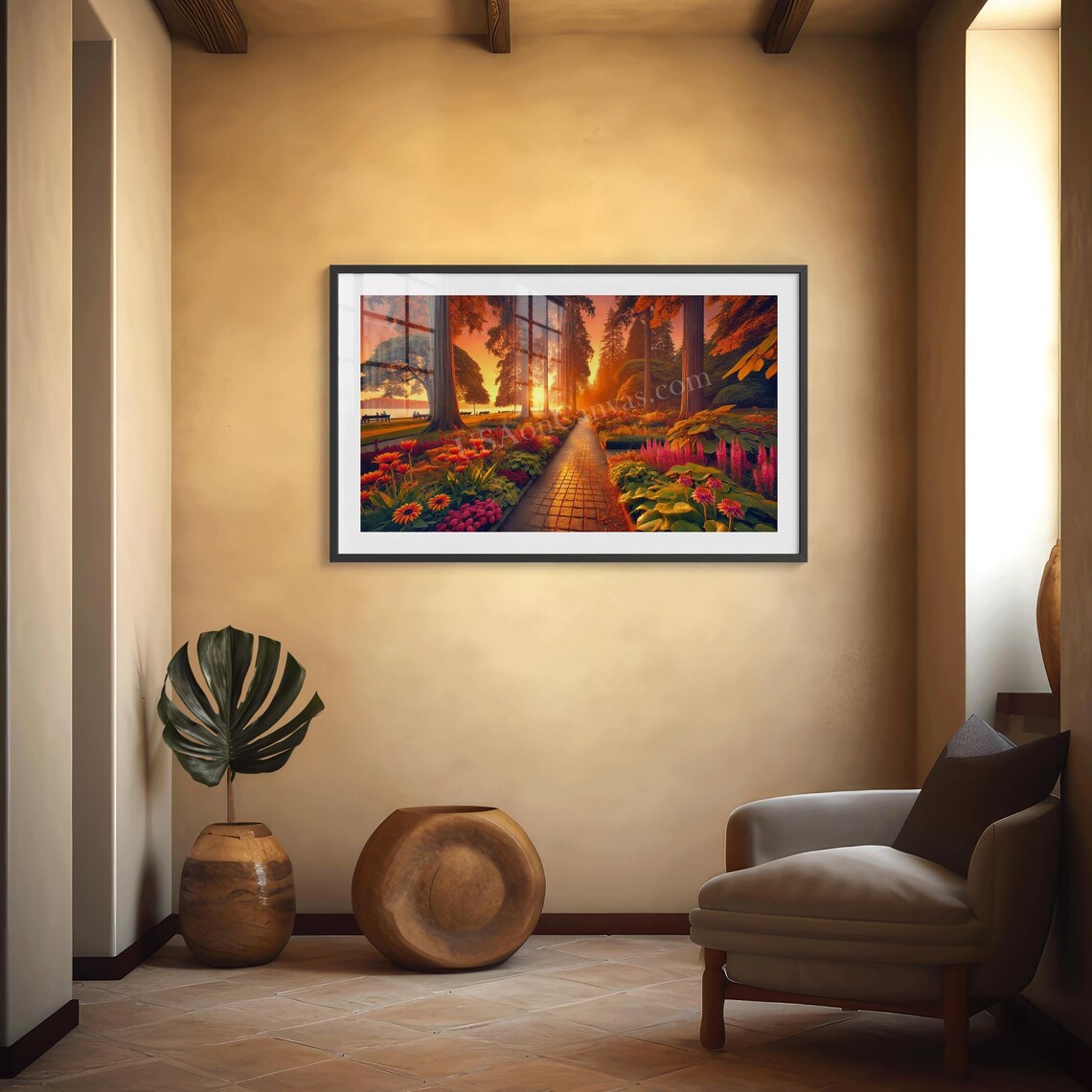 Sunset Garden Path with Colorful Flowers in Warm Evening Glow Poster