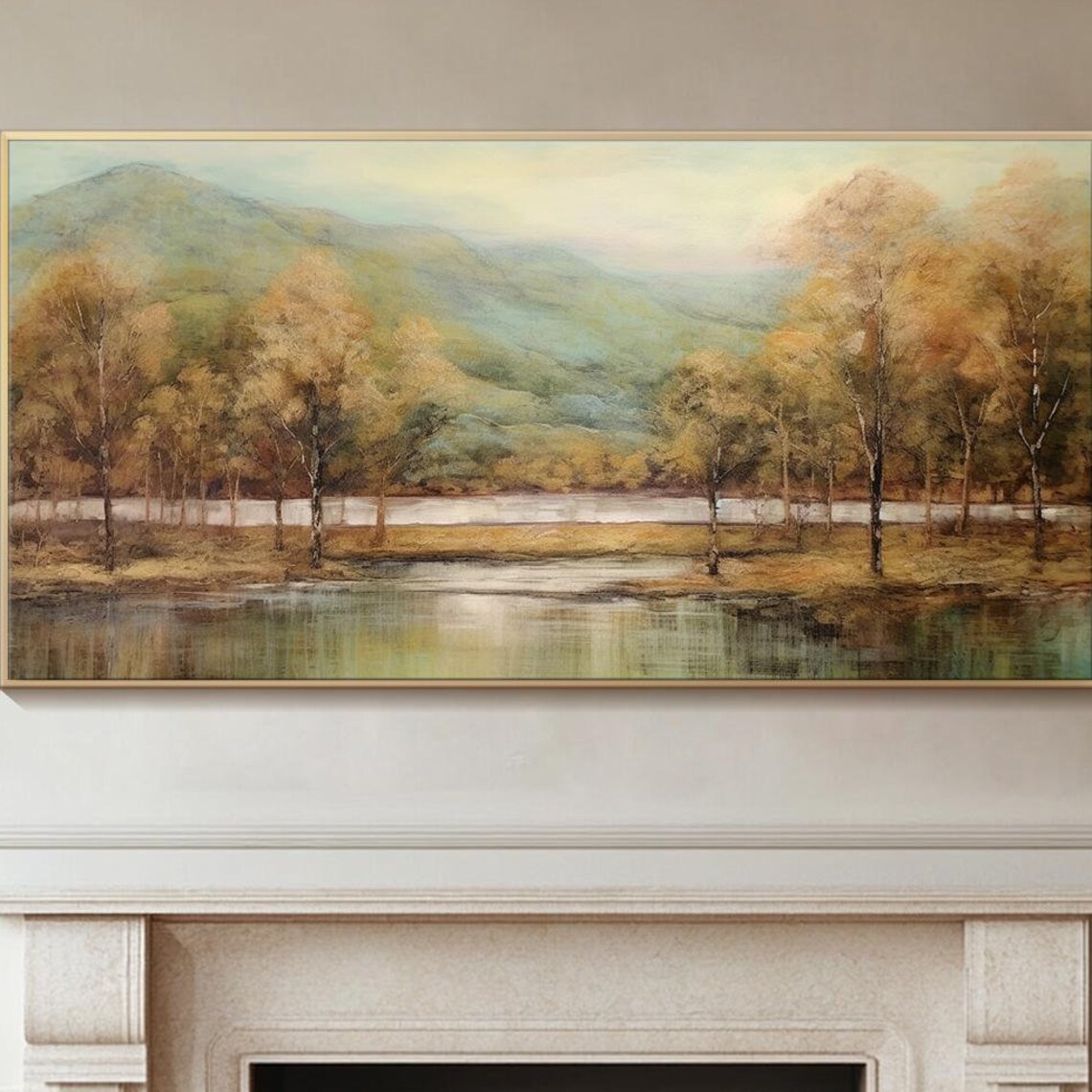 Golden Autumn Lake With Mountain Reflections Serene Landscape Print