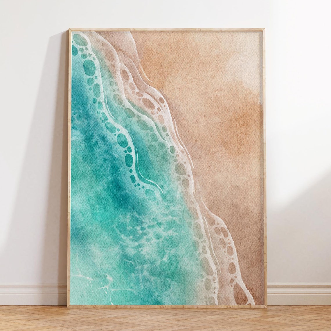 Frothy Teal Wave Crashing Onto Warm Tan Sand Shoreline Print