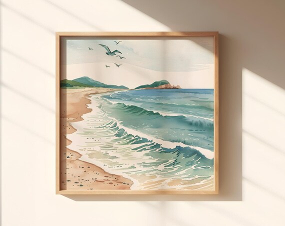 Muted Watercolor Beach Waves With Seagulls Coastal Beach Poster