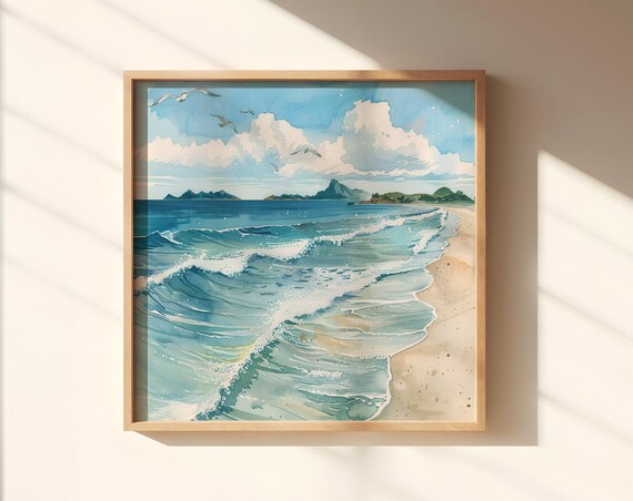 Tropical Beach Waves With Tropical Islands Watercolor Art Poster
