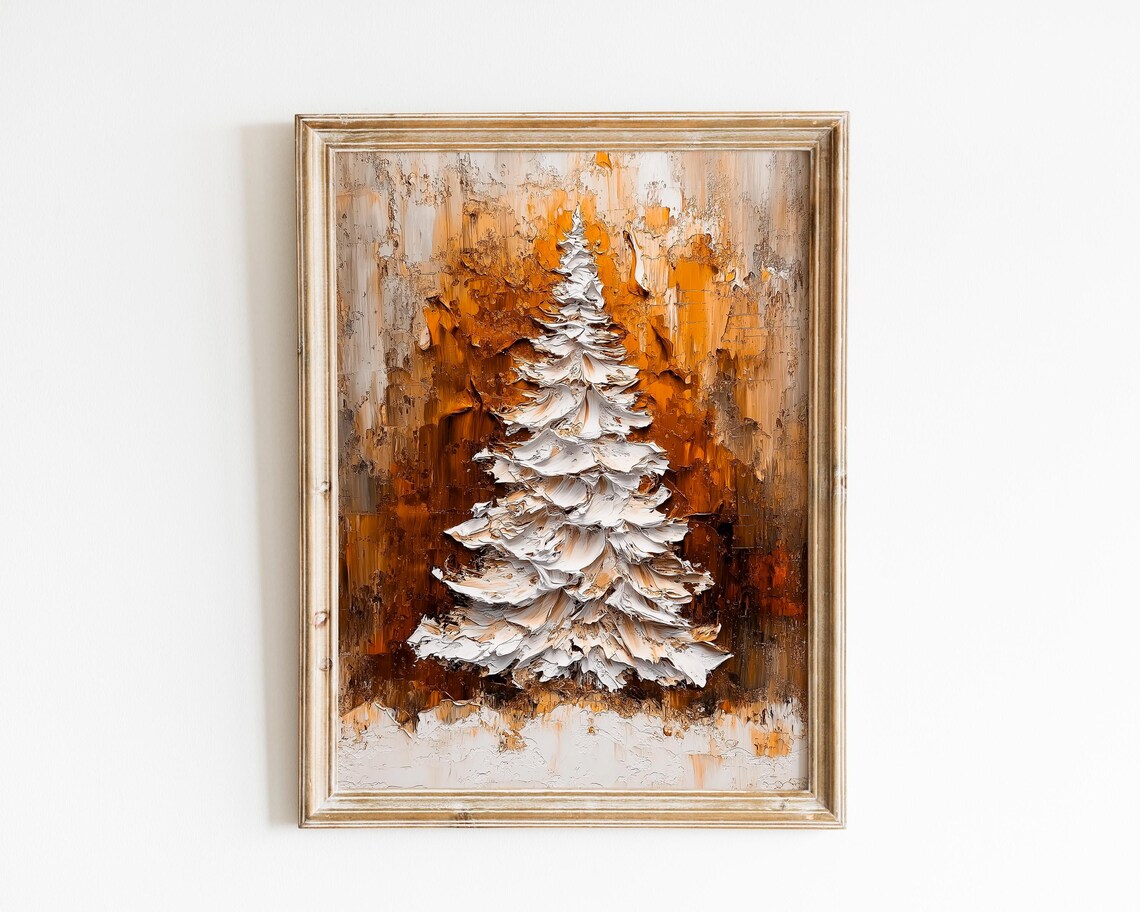 White Christmas Tree Impasto Oil Painting Warm Amber Canvas Poster