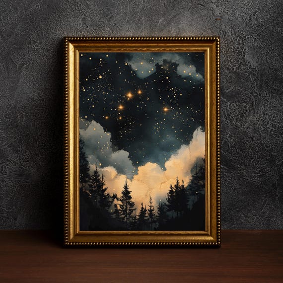 Vintage Celestial Stars Art Print, Dark Academia