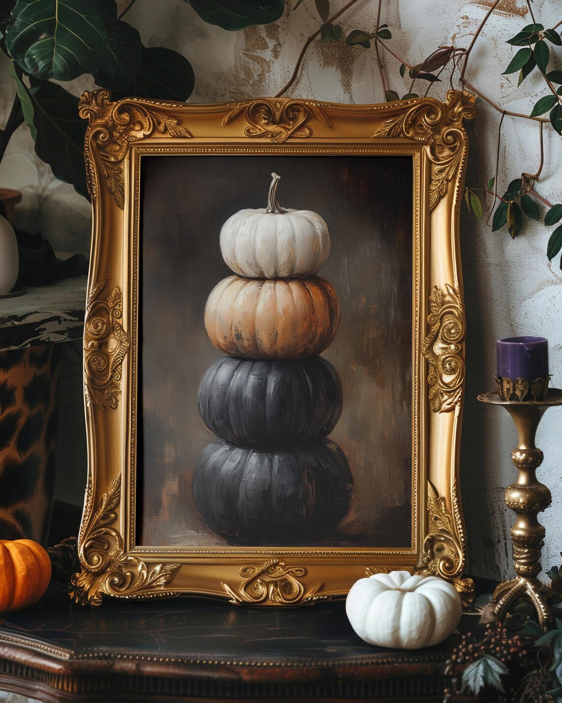 Stacked White Copper And Black Pumpkins Moody Halloween Art Poster