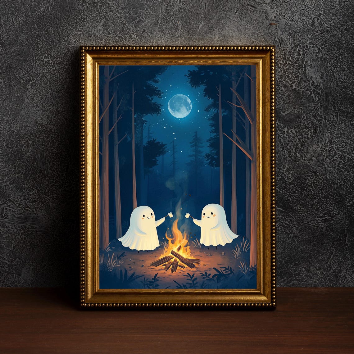 Two Cute Ghosts Roasting Marshmallows Campfire Halloween Poster
