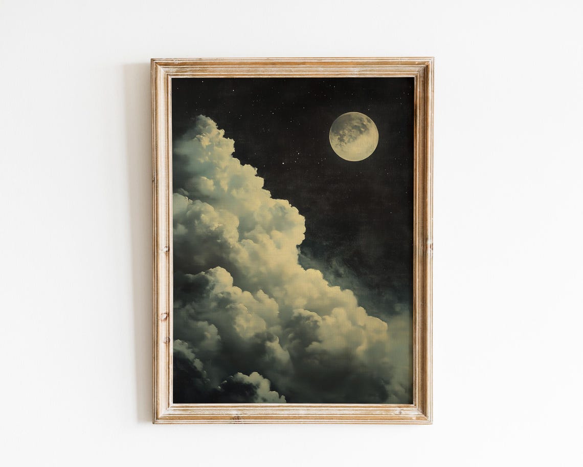 Vintage Full Moon Night Sky Over Billowing Clouds Dark Academia Print