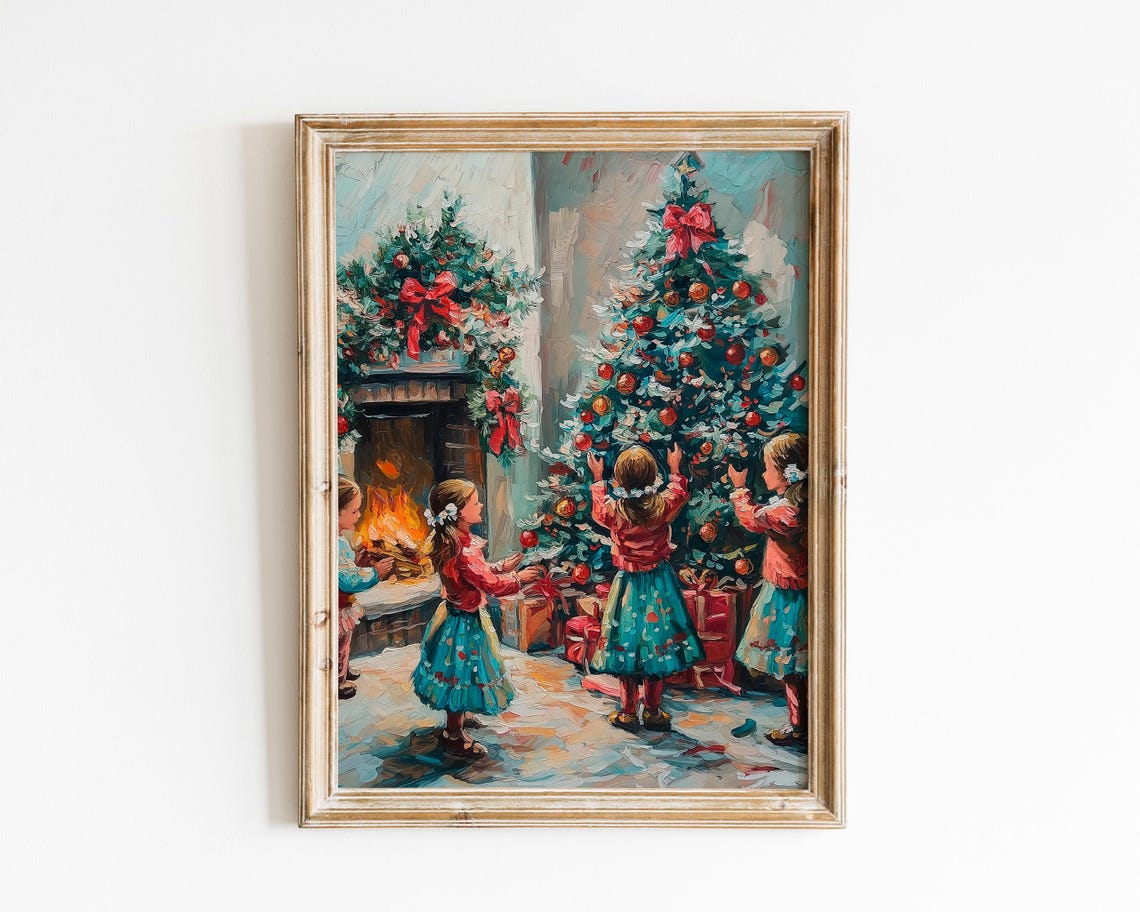 Children Decorating Christmas Tree by the Fireplace Art Poster