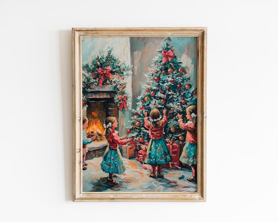 Children Decorating Christmas Tree by the Fireplace Art Poster