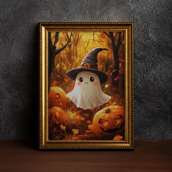 Cute And Pumpkins Witch Hat Halloween Wall Art Print Oil Paint Spooky Decorhaunted House Artfall Decorsingle Poster