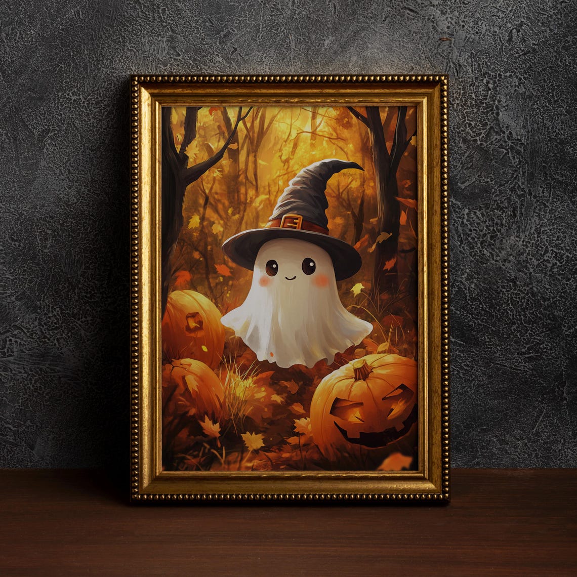Cute Ghost Wearing Witch Hat Among Pumpkins Halloween Wall Art