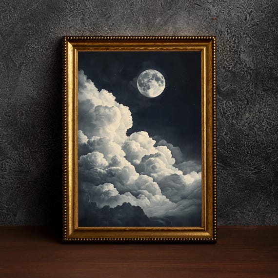 Vintage Enchanting Celestial Moon Artcelestial Full Moonnight Artvintage Landscapemoon Artnight Sky Paintingdark Academia