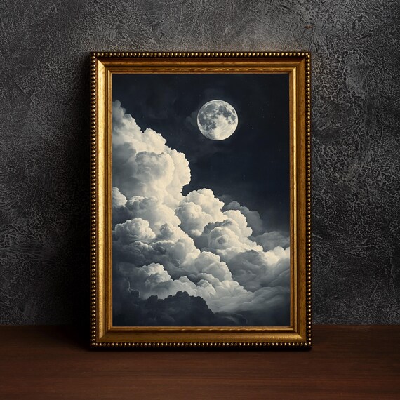 Vintage Full Moon Rising Over Night Clouds Celestial Art Poster