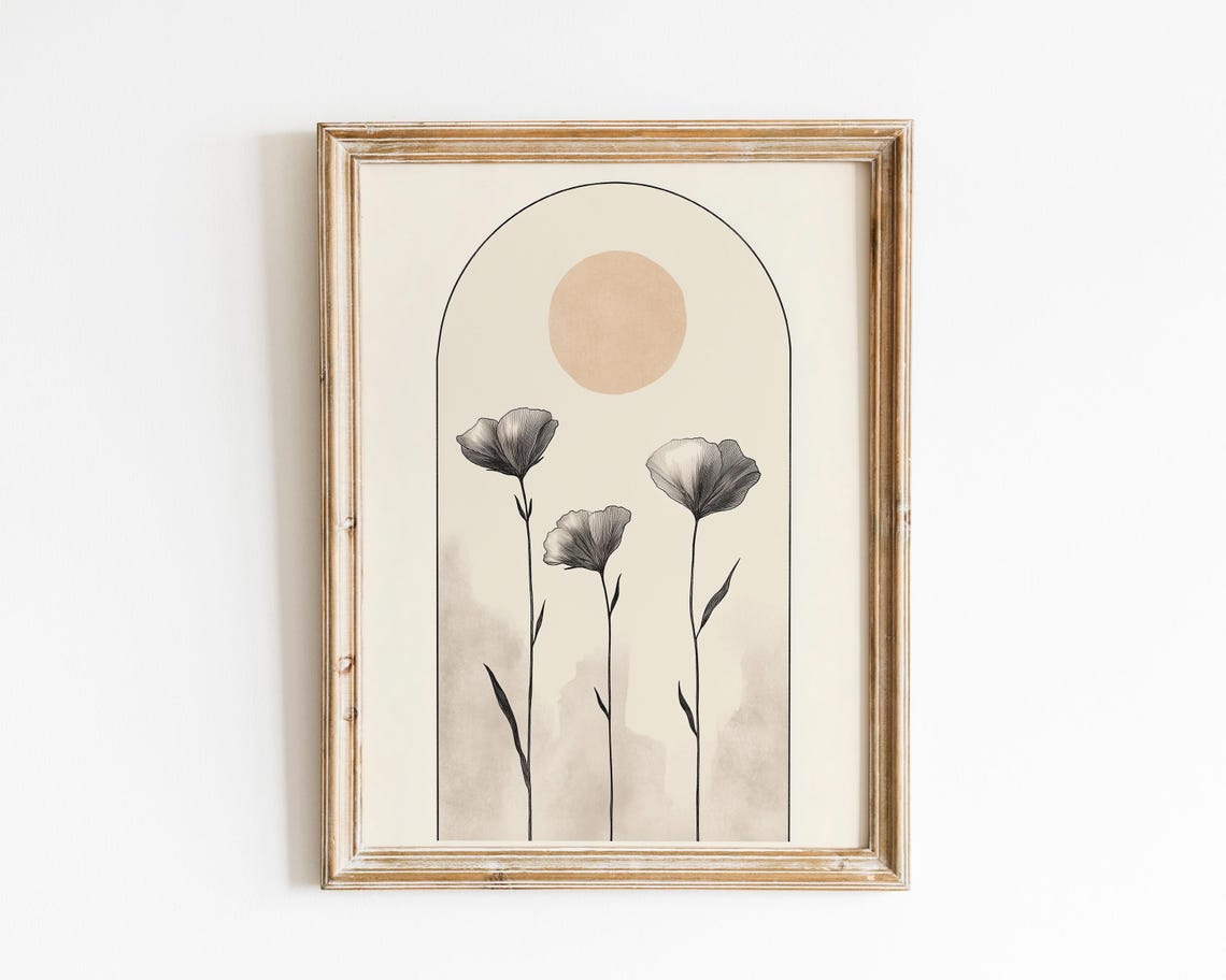 Minimalist Wildflowers Under Beige Sun In Arched Frame Art Poster