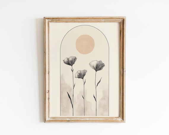 Minimalist Wildflowers Under Beige Sun In Arched Frame Art Poster