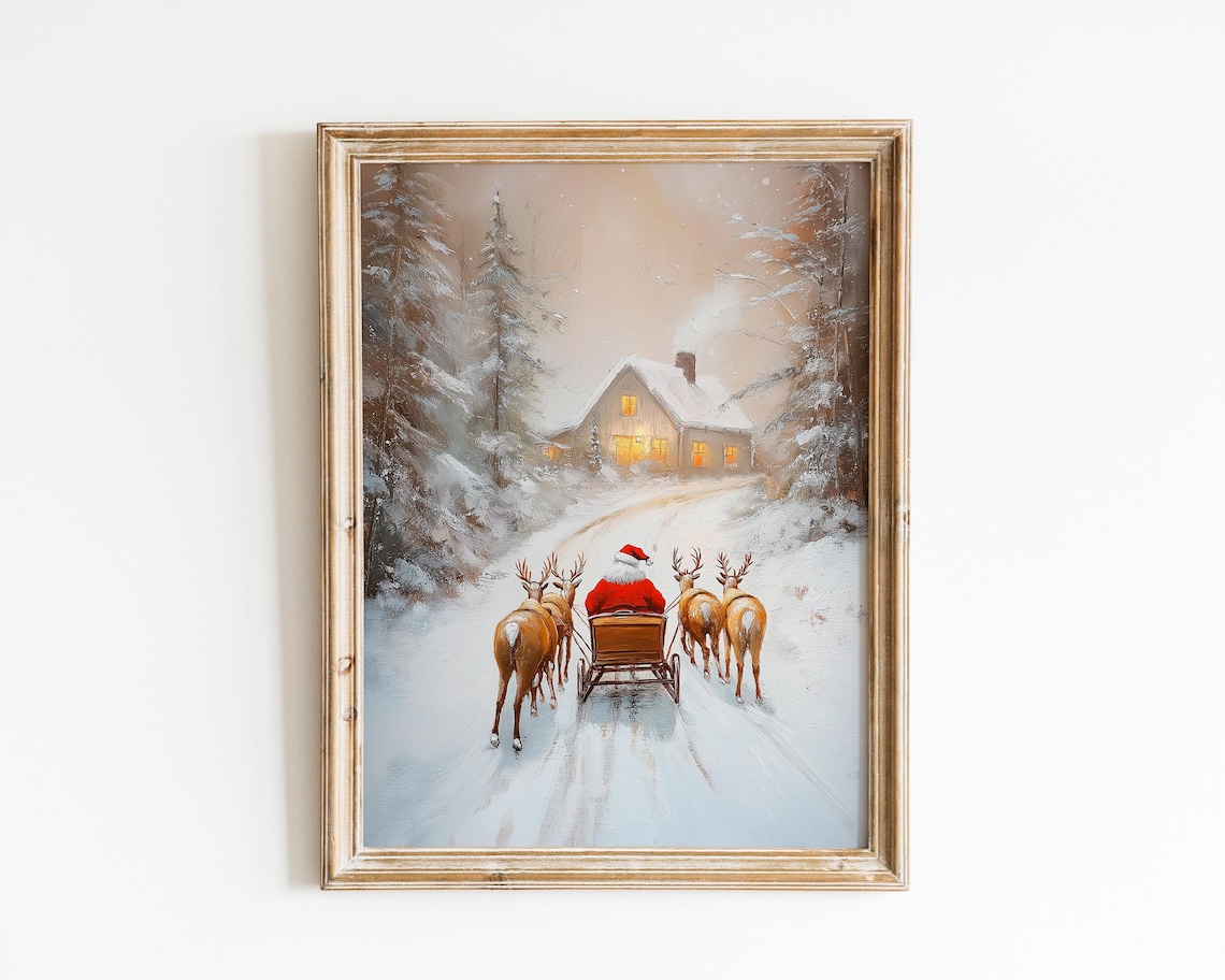 Santa Sleigh And Reindeer Snowy Cabin Cozy Christmas Eve Poster