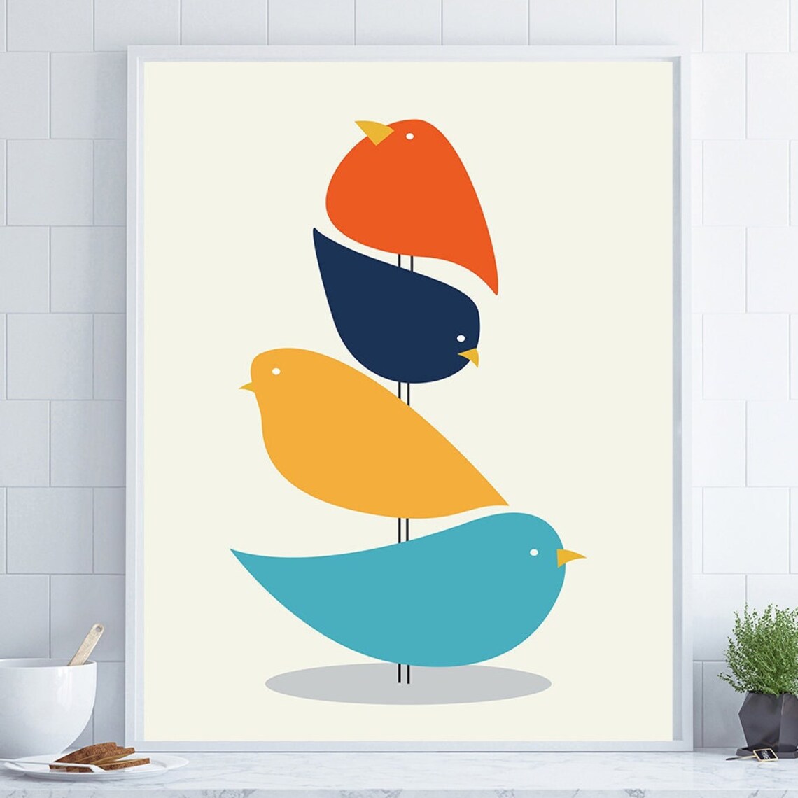 Colorful Geometric Birds Stacked Totem Mid Century Modern Wall Poster