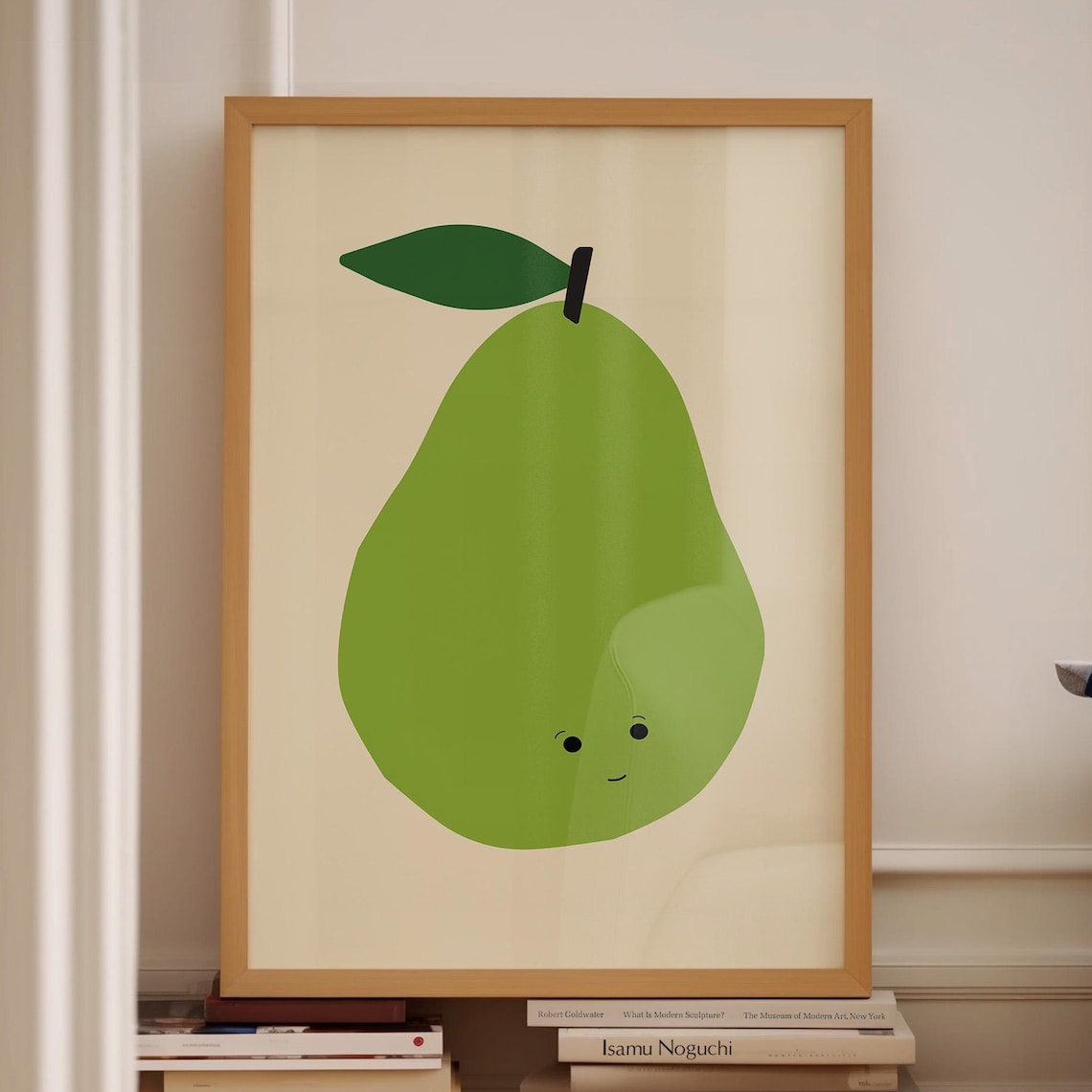 Cute Green Pear Smiling Face Kawaii Fruit Nursery Art Poster