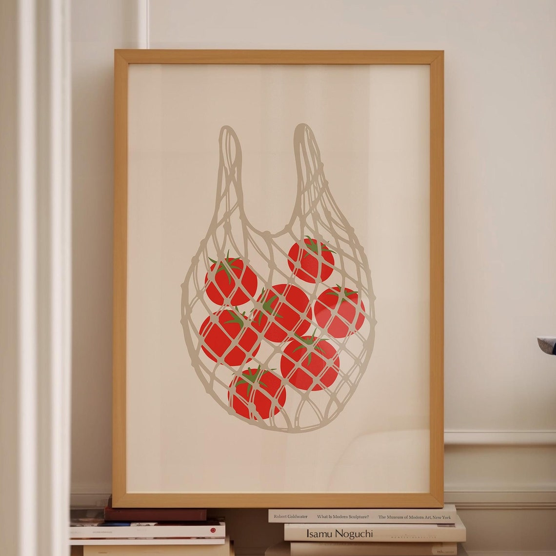 Red Tomatoes in a Mesh Grocery Bag Minimalist Kitchen Print Art