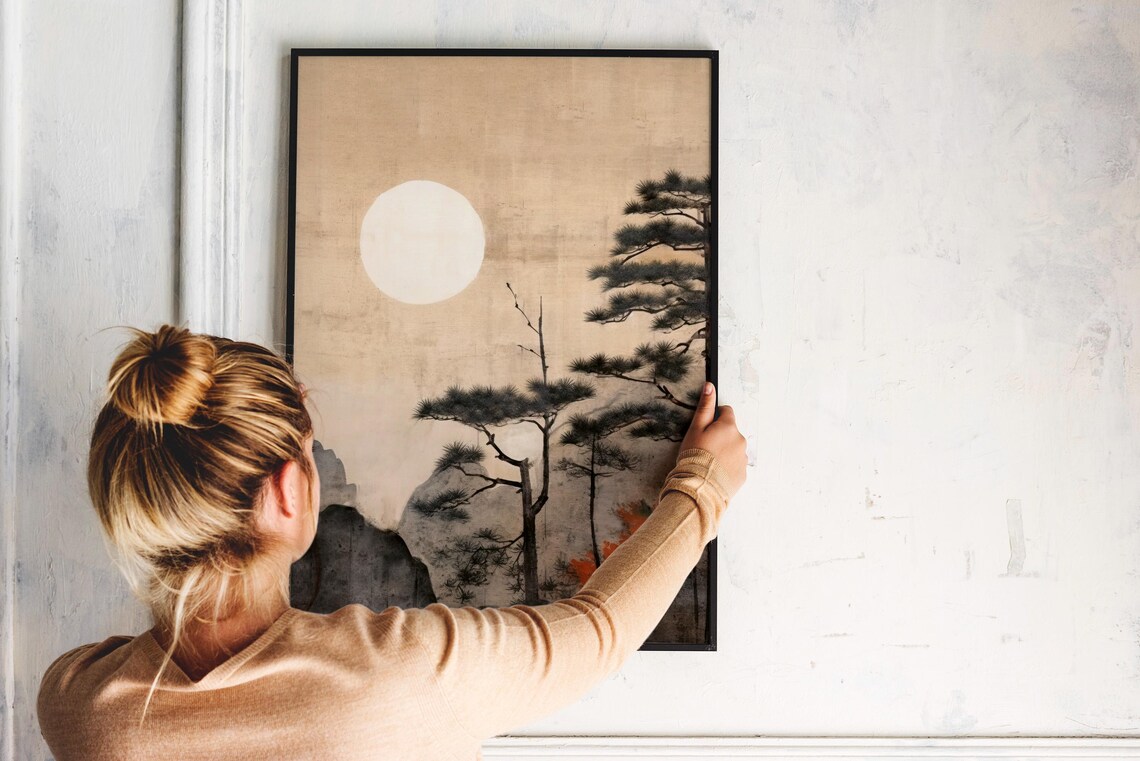 Japanese Moonrise Pine Trees Gold Leaf Vintage Style Japan Poster - Image 2