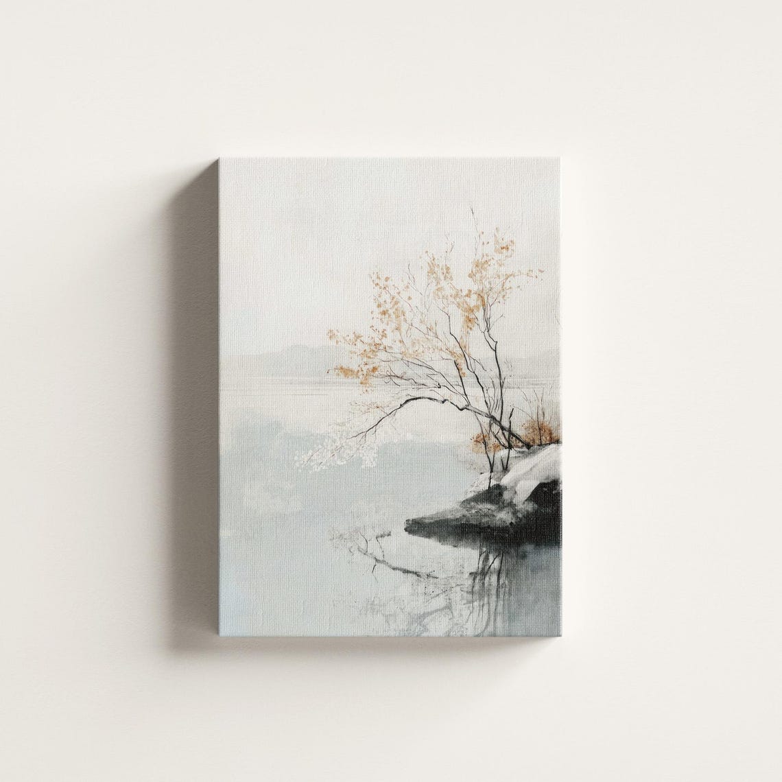 Misty Lakeside with Golden Leaning Tree Watercolor Square Art Print