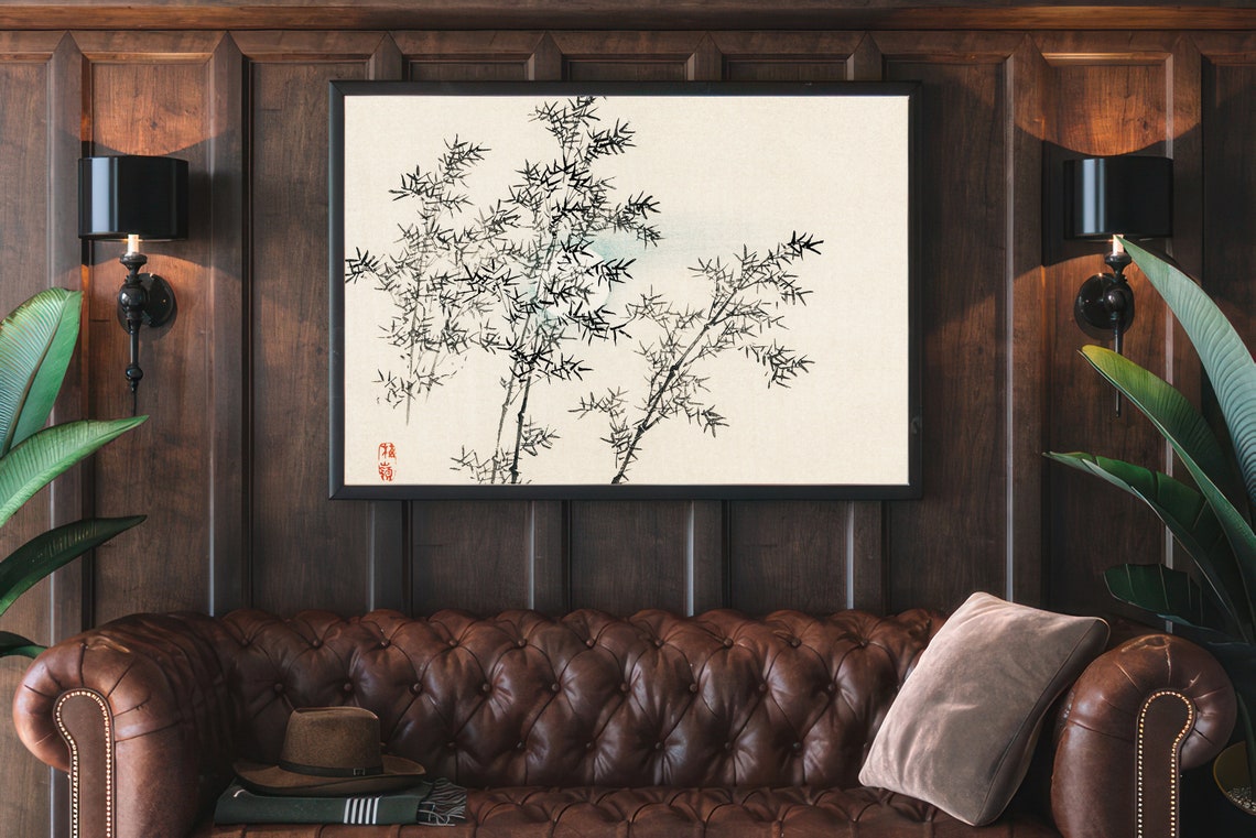 Delicate Japanese Bamboo Branches Ink Drawing with Red Seal Poster - Image 4