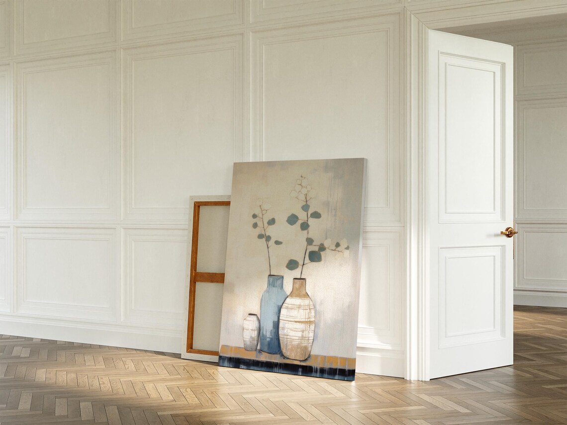 Ceramic Vases with Eucalyptus Minimalist Still Life Painting Art Print - Image 2