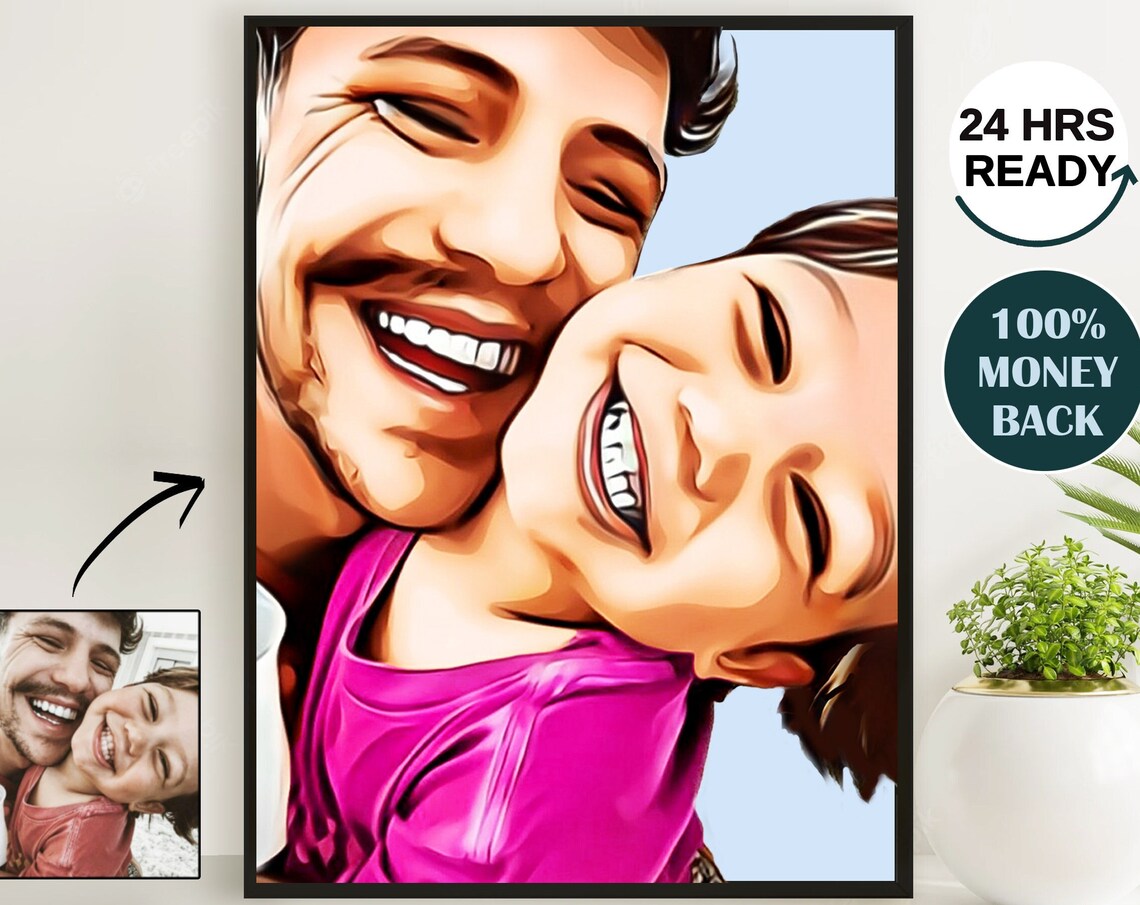Father and Daughter Laughing Selfie Cartoon Pop Art Portrait Poster