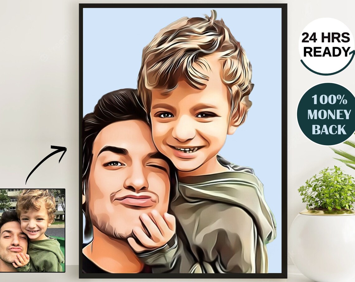 Happy Father and Son Selfie Moment Cartoon Pop Art Portrait Poster