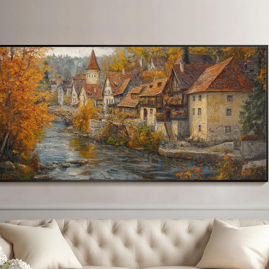 Autumn Riverside Village Stone Cottages Impasto Oil Painting Wall Art