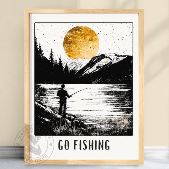 Go Fishing Poster Print Gift For Fishermen Black White And Gold Artwork Fish Lets Wall Art Gofishing