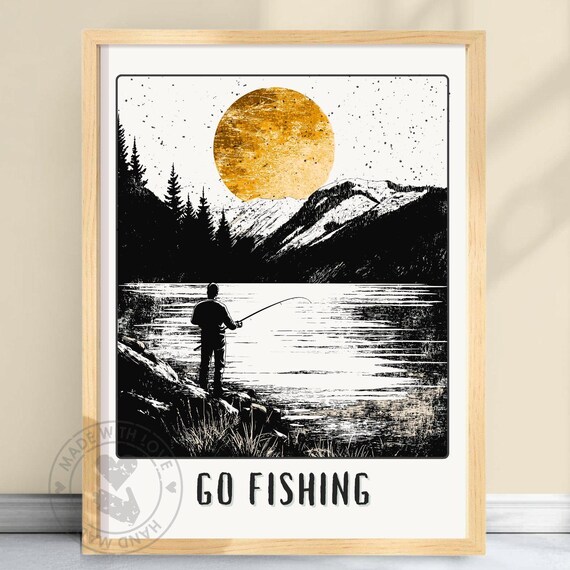 Golden Sunset Fisherman Casting a Line at the Mountain Lake Poster