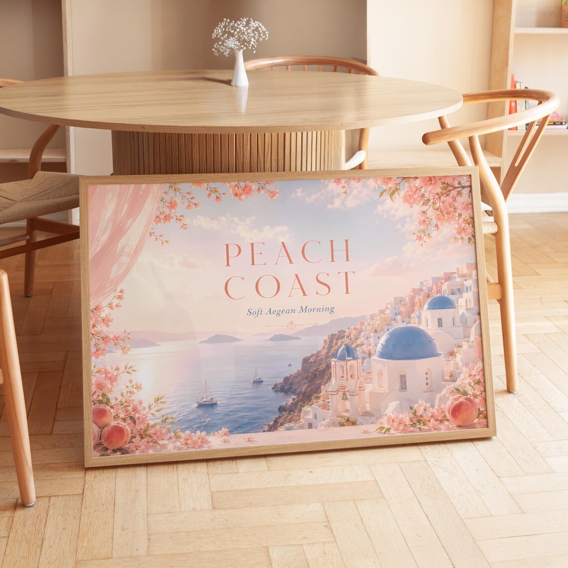 Peach Coast Soft Aegean Morning Santorini Sailboats Landscape Poster