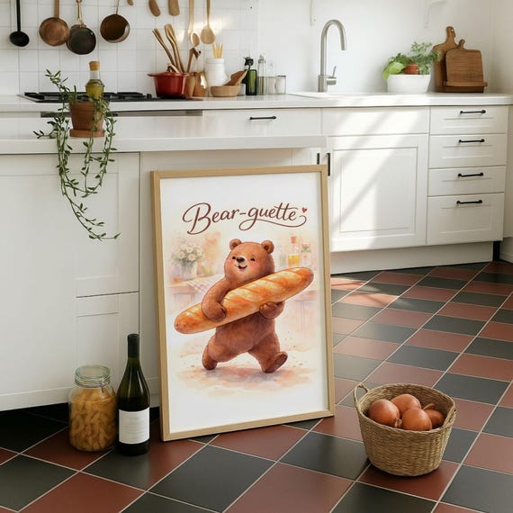 Funny Bearguette Poster Cute Bear Bread Wall Art French Bakery Decor Foodie Gift Kitchen