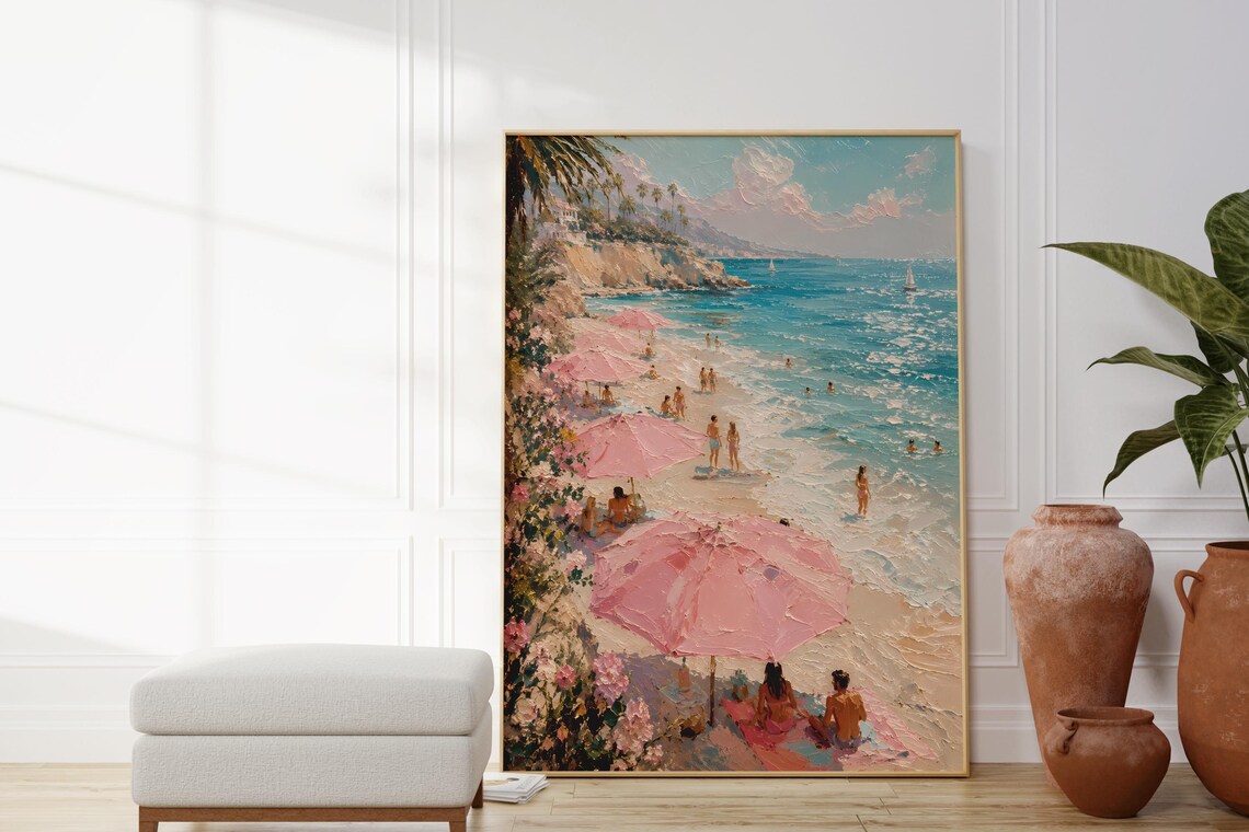 Retro Pink Beach Umbrella Poster, Coastal Summer Print