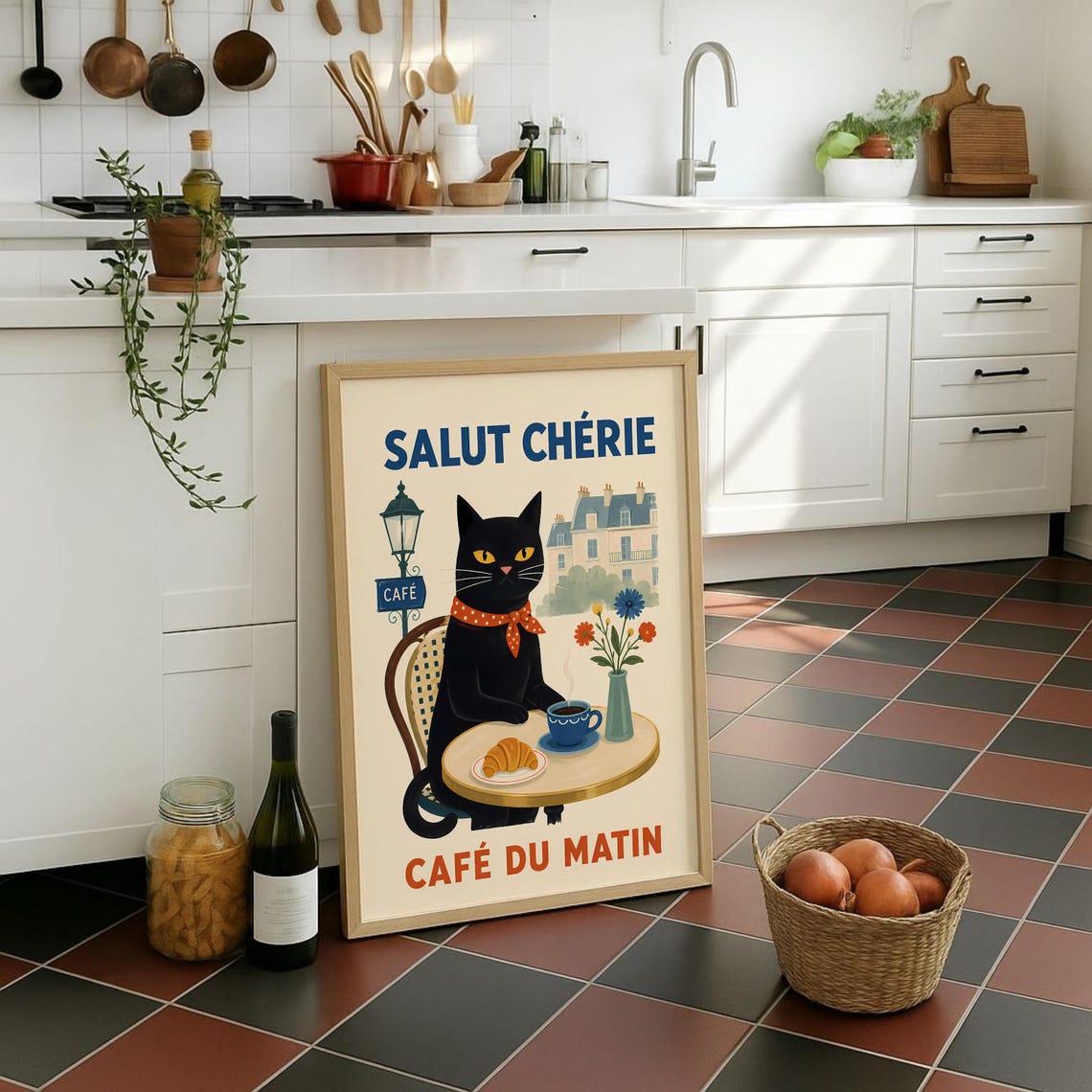 Salut Cherie Black Cat French Cafe Morning Coffee Croissant Poster