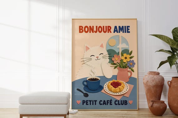 Printable Papercut White Cat Art Whimsical French Pastry Download Aesthetic Pastel Kitchen Poster Pdf