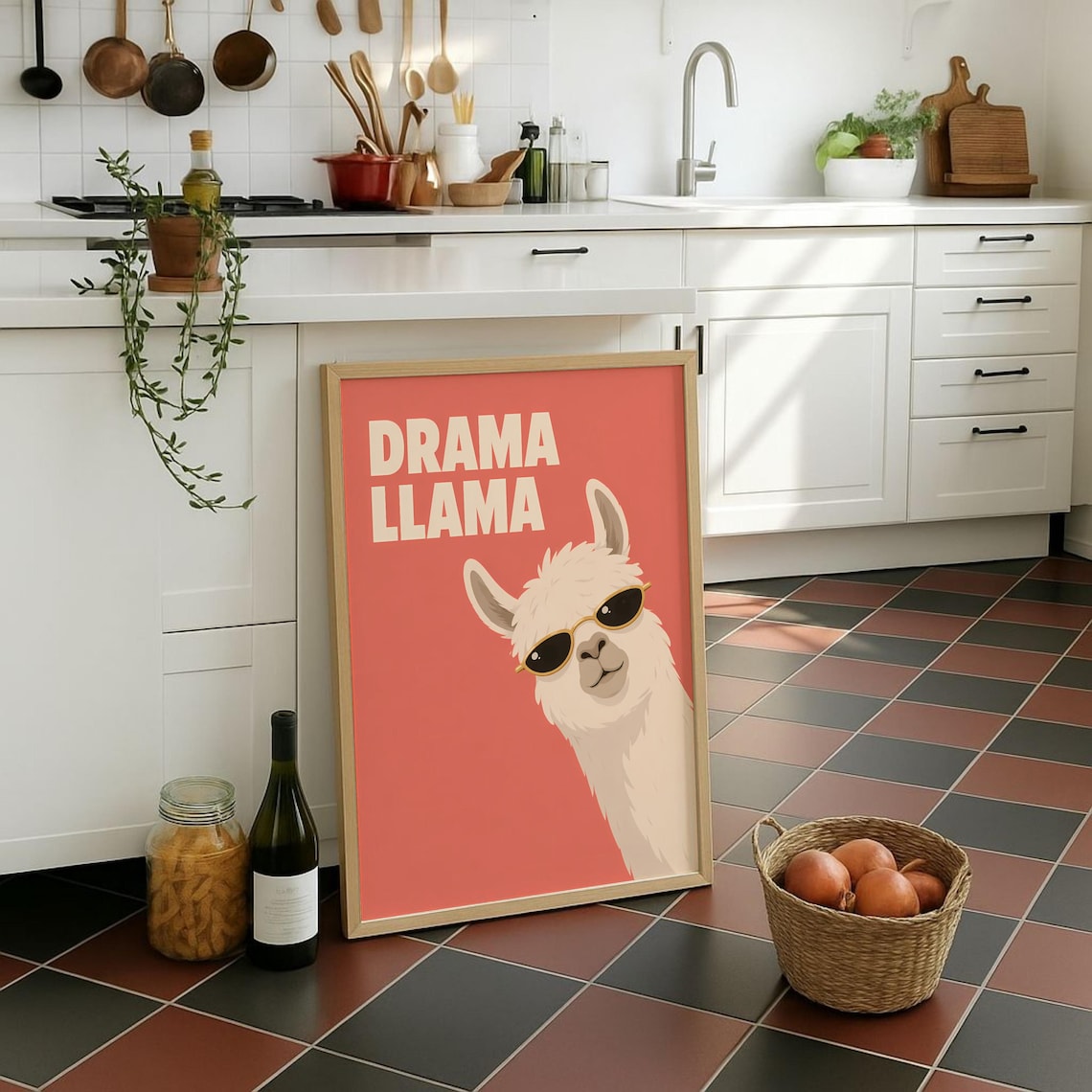 Drama Llama in Sunglasses Coral Funny Animal Quote Illustration Poster